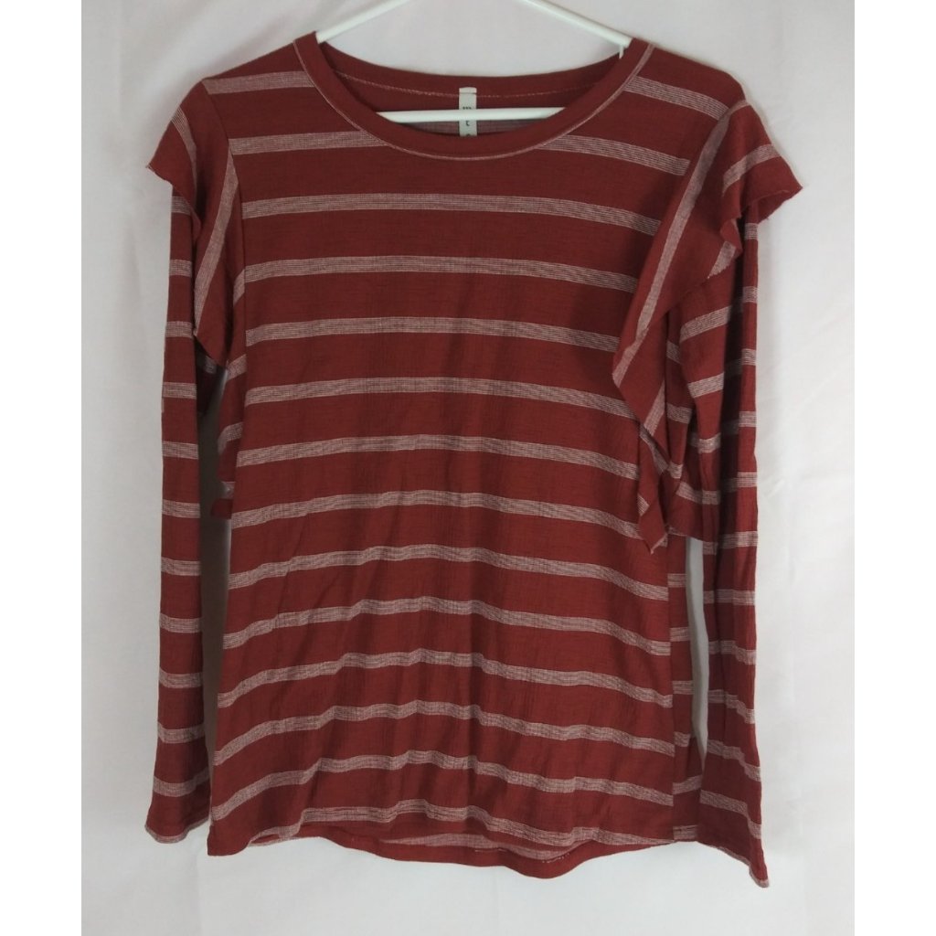 Mts Women's Red Striped Shirt With Ruffled Shoulders Size Small Usa